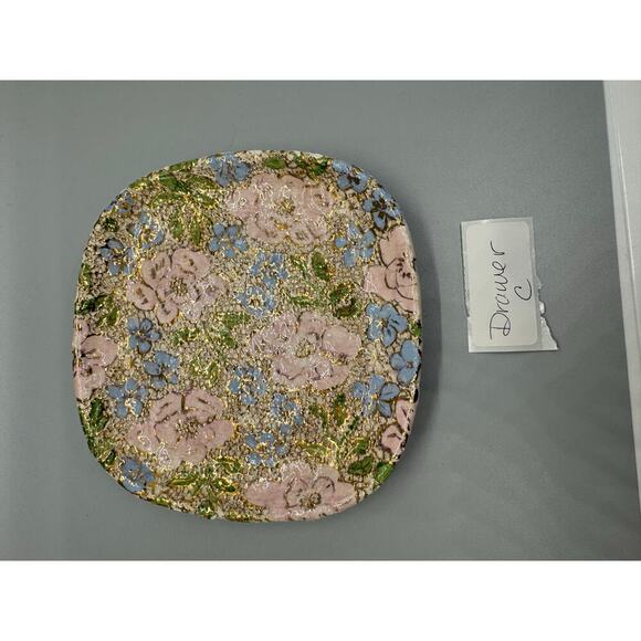 Signed Pottery Bay View 5” Plate Gold Raised Paint with Pink and Blue Flowers - Picture 2 of 9